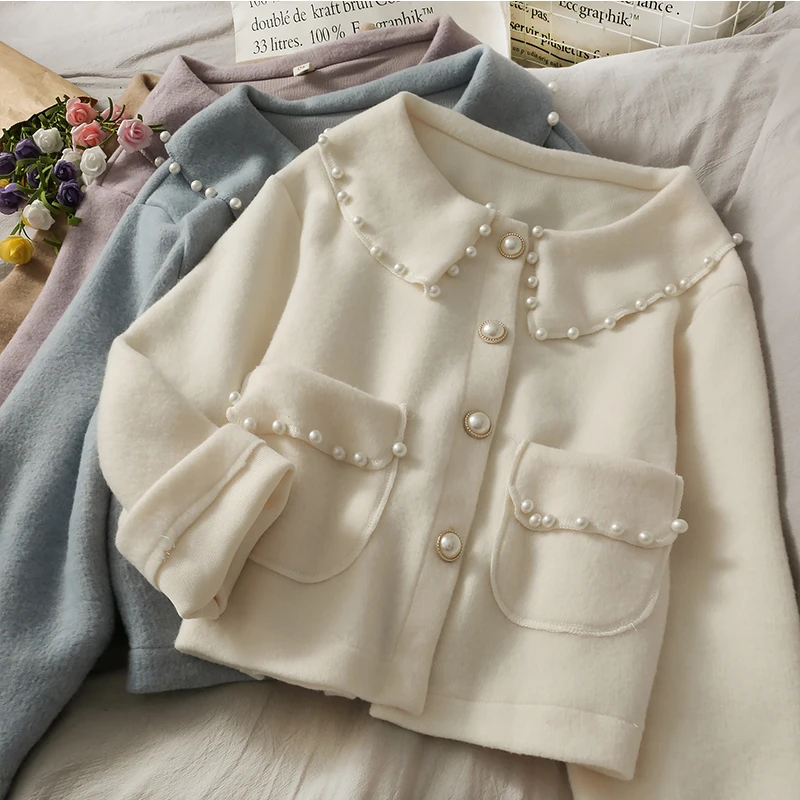 Женское зимнее шерстяное пальто однобортное свободное модное с отложным