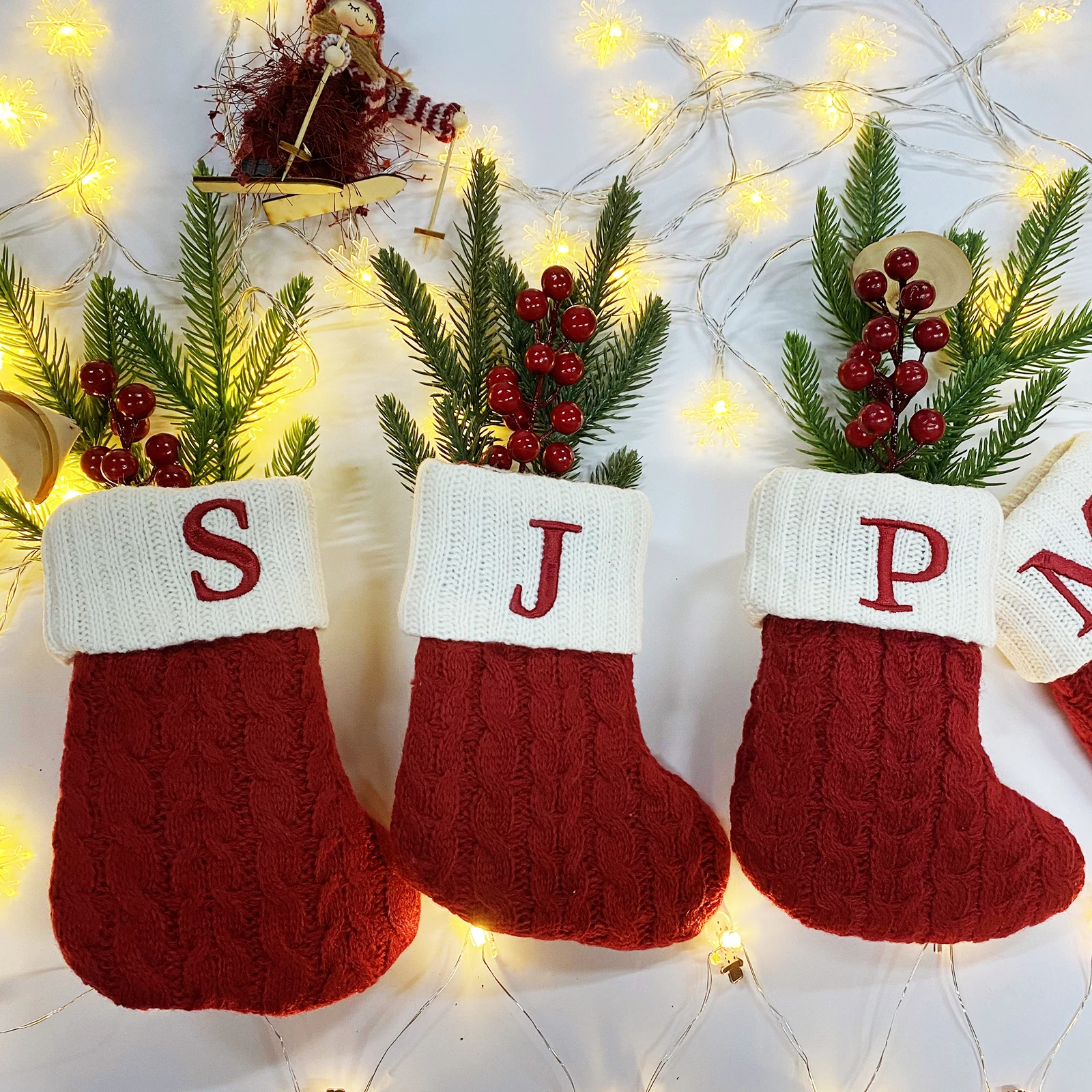 New Year Christmas Socks Red Snowflake Alphabet Letters Christmas knitting Stocking Tree Decoration For Home Xmas Gift
