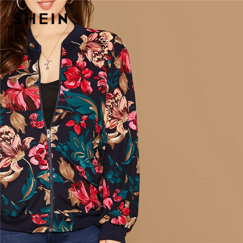 low cost  SHEIN Plus Size Floral Print Zipper Up Bomber Jacket Women Autumn Long Sleeve Stand Collar Coat Cut