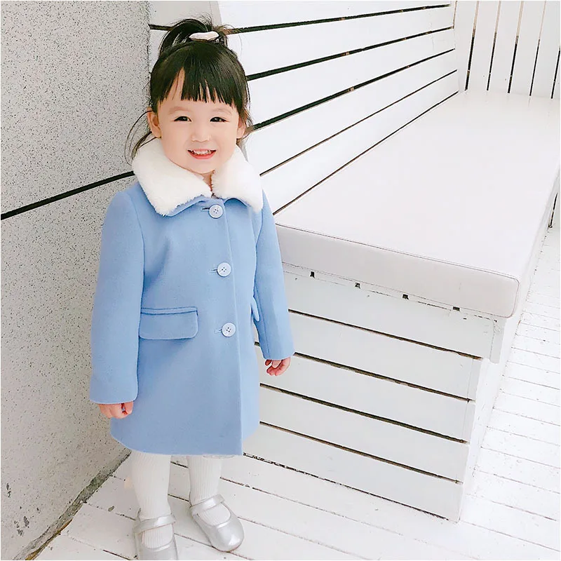 

TK18763OC Girls' Shirt Removable Shoulder Artificial Rex Rabbit Fur Collar Blue Padded Warm Duffle Coat