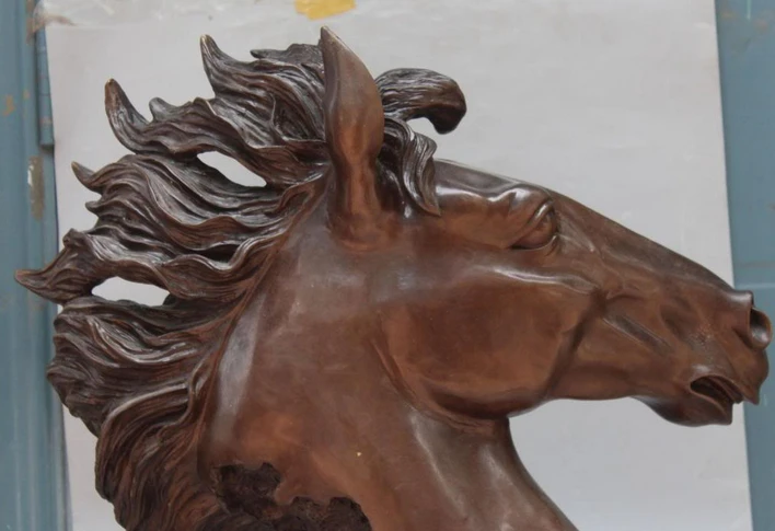 003995 24" lucky Chinese Bronze Carved Animal Successful Horse Head Bust Base Sculpture statue(A0327) discount 30