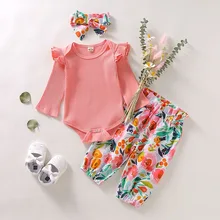 Осенний комплект одежды для маленьких девочек, Одноцветный льняной комбинезон с длинными рукавами, топы+ Цветочные штаны и повязка на голову, наряды для малышей, Одежда для младенцев