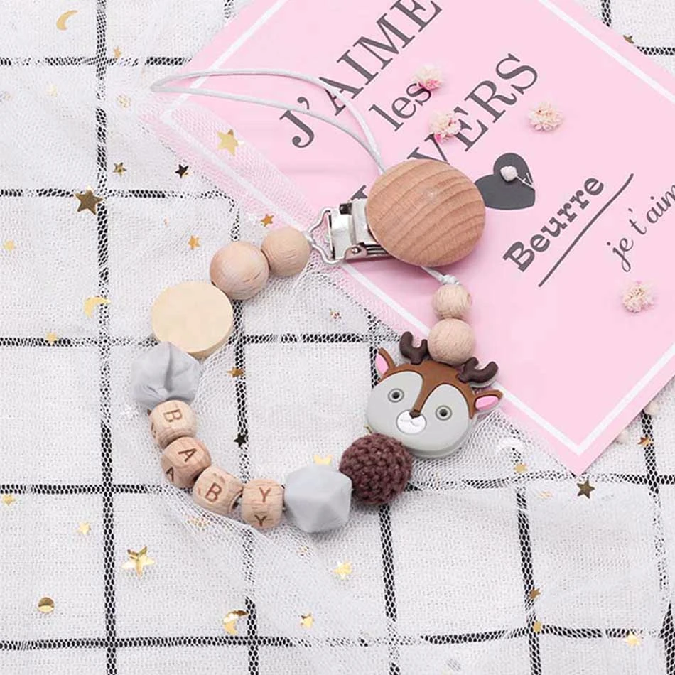 

Custom Baby Name Pacifier Chain Safety Silicone Beads Dummy Clip Wooden Accessories Beads Handmade Soother Chain Teething Toys
