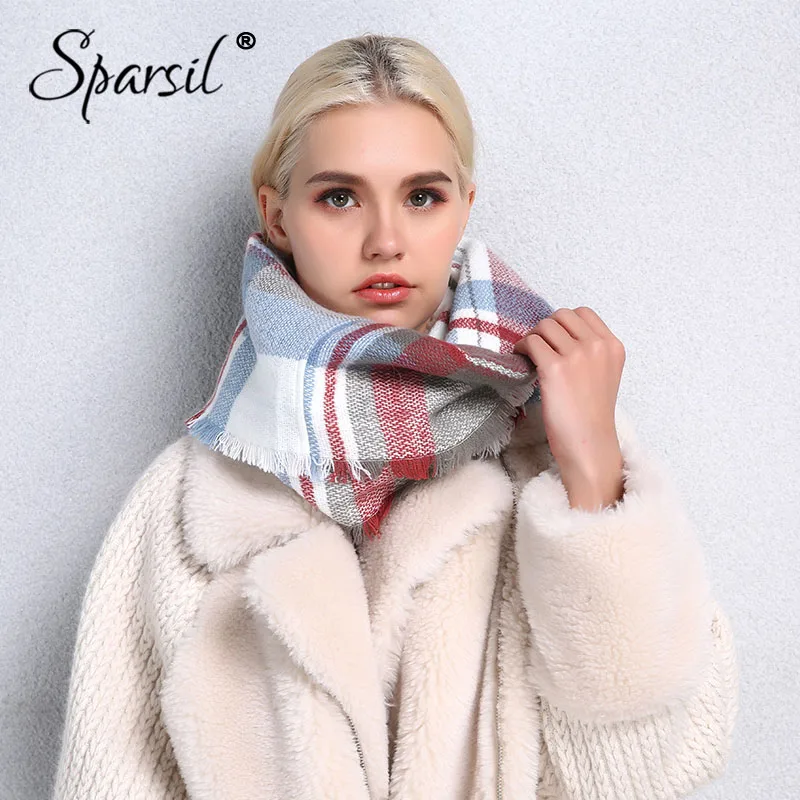 

Sparsil Women Warm Plaid Stripe Cashmere Scarf Colorful Lattice Tassel Neck Circle Wool Collar Ring Wraps Winter Autumn Scarves