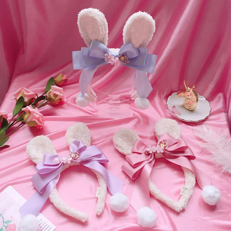 

2019 Handmade Sweet Lolita Girls KC Headband Sakura Rabbit Ear Cosplay Headwear Bowknot Hairball Hair Accessories