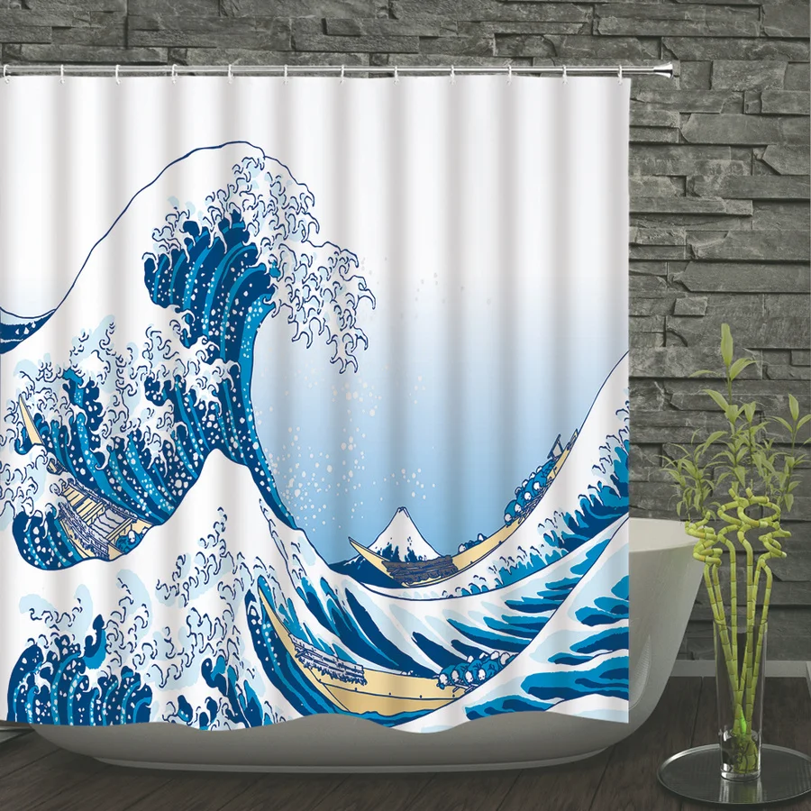 

Japanese Style Sea Wave Waterproof Shower Curtain Bath Curtains 3d Print Bathroom Polyester Cloth With Hook Home Bath Curtain