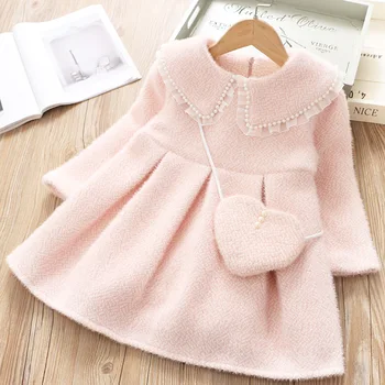

Children's Fleece Graceful Princess Dress Winter Mink Plush Lapel Beaded A- Line Dress Above Knee, Mini Solid Cotton Casual Full