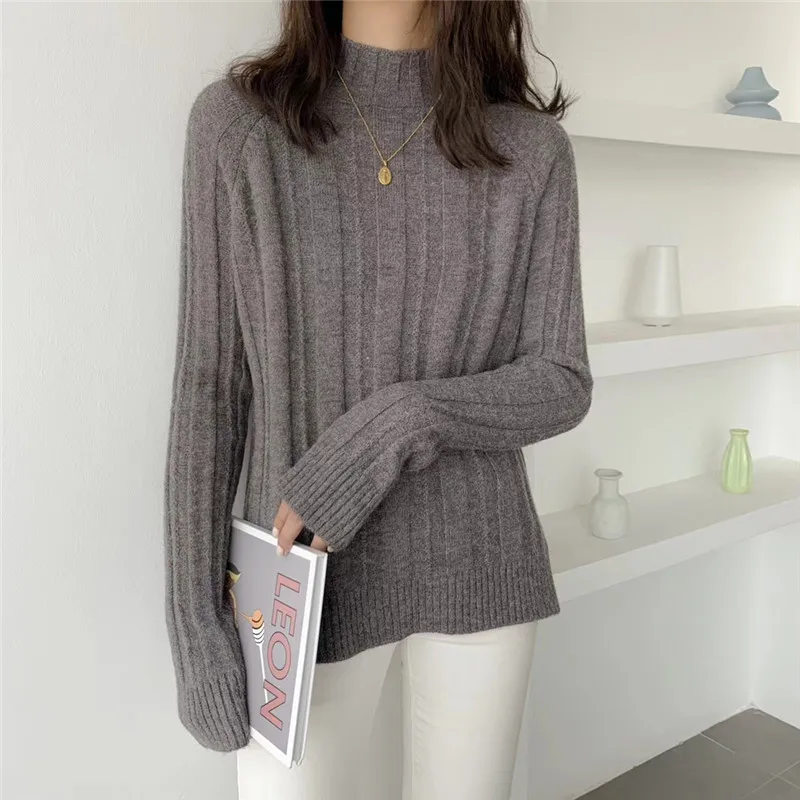 Korean Style Loose Sweater Women Pullover Casual Half Turtleneck Long Sleeve Knit Sweater Female Jumpers solid basic sweater