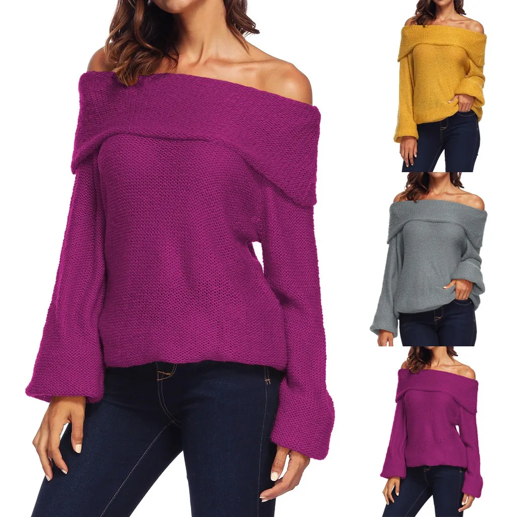 

Fashion Women Sweater Solid Color Off Shoulder Knitting Long Sleeve Loose Blouse casaco feminino pull femme pullover