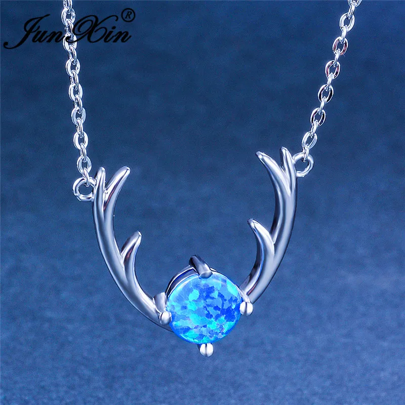 Cute Elk Antler Pendant Round Blue White Fire Opal Necklaces For Women Silver Color Christmas Jewelry Wedding Short Necklace | Украшения и