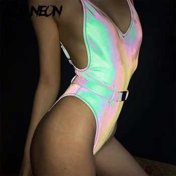 

ALLNeon Fashion Reflective V-Neck Women's Bodysuit Solid Strap Holographic Bodycon Bodysuits Backless Buckle Rompers 2019 New