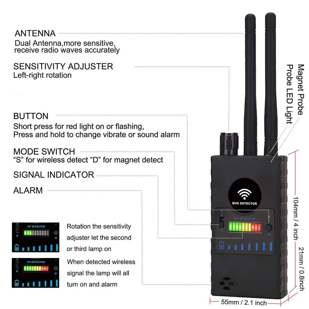 Dual antennaG529 detector anti-sneak shot anti-eavesdropping anti-monitoring wireless signal detect