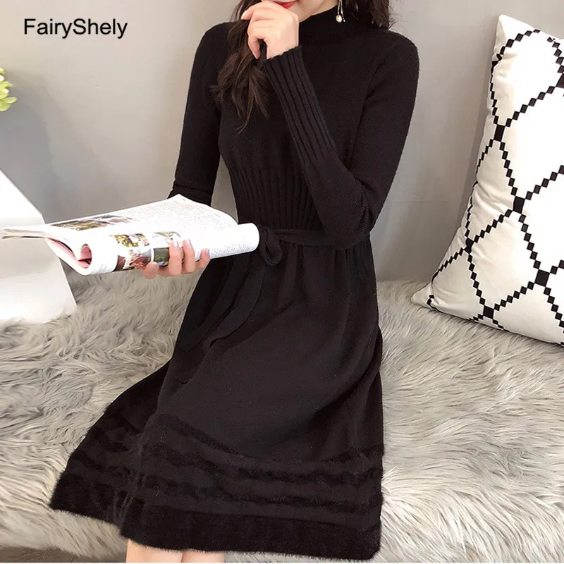 Black Dress Сказочное женское платье-свитер с рюшами, Осеннее зимнее теплое длинное платье, элегантное ТРАПЕЦИЕВИДНОЕ платье с поясом, вязаный пуловер, платья для женщин - Цвет: Black Dress