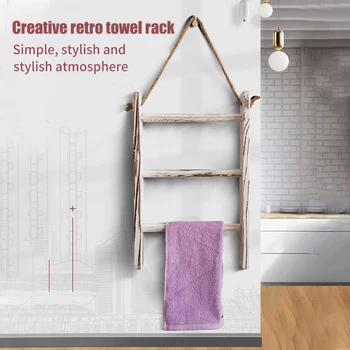 

3 Tiers Blankets Bathroom With Rope Living Room Wall Hanging Storage Ladder Space Saving Retro Wooden Towel Rack Home Decor Mini