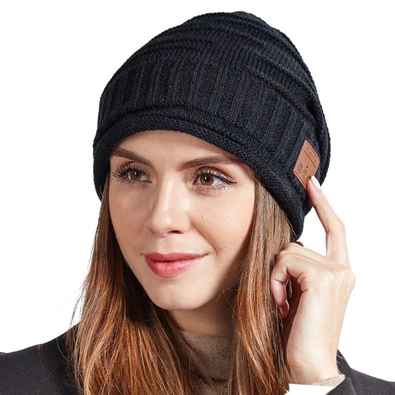 Ветрозащитная теплая шапочка головной убор для Bluetooth V5.0 стерео Музыка беспроводные наушники бини с наушниками колпачок черный
