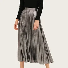Qiuxuan винтажная Золотая Серебряная трапециевидная длинная юбка женская плиссированная юбка эластичная юбка миди с высокой талией тонкая женская Повседневная пляжная юбка