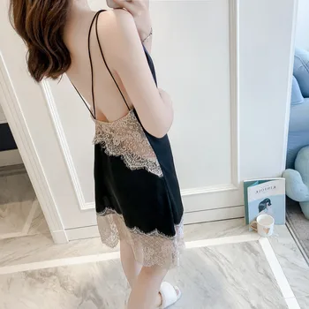 

2020 Lace Suspender Nightdress Sexy V-neck Beauty Back Breathable Comfortable Simulation Silk Casual Homewear For Women