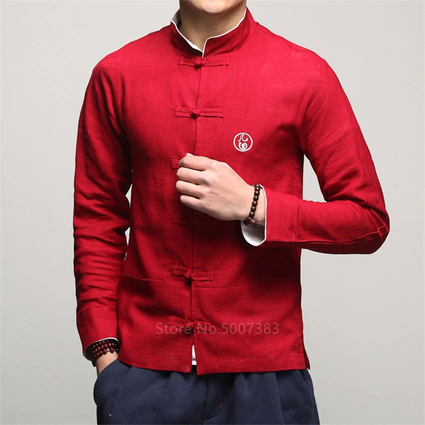 Men Vintage Full Sleeve Collar Linen Shirts Tang Suit Hanfu China Style Top New Year Clothes