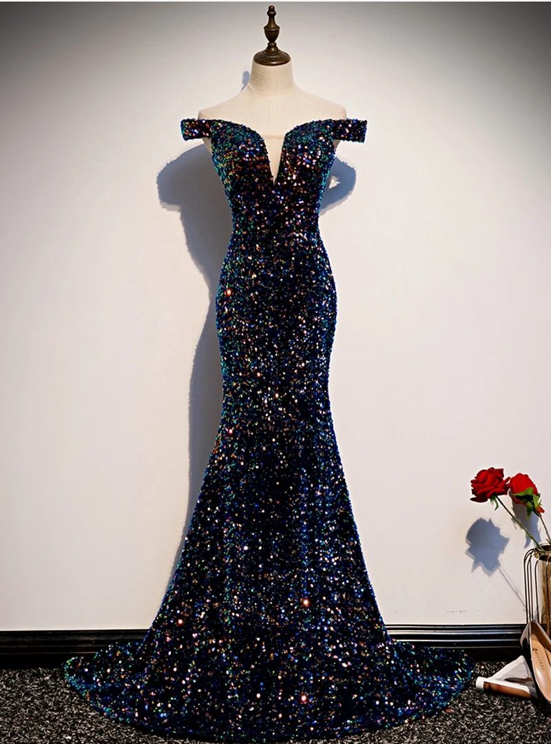 

2020 Vintage Evening Dresses Long Robe de Soiree Abendkleider Shiny Off the Shoulder Sequins Prom Dress Mermaid Evening Gowns