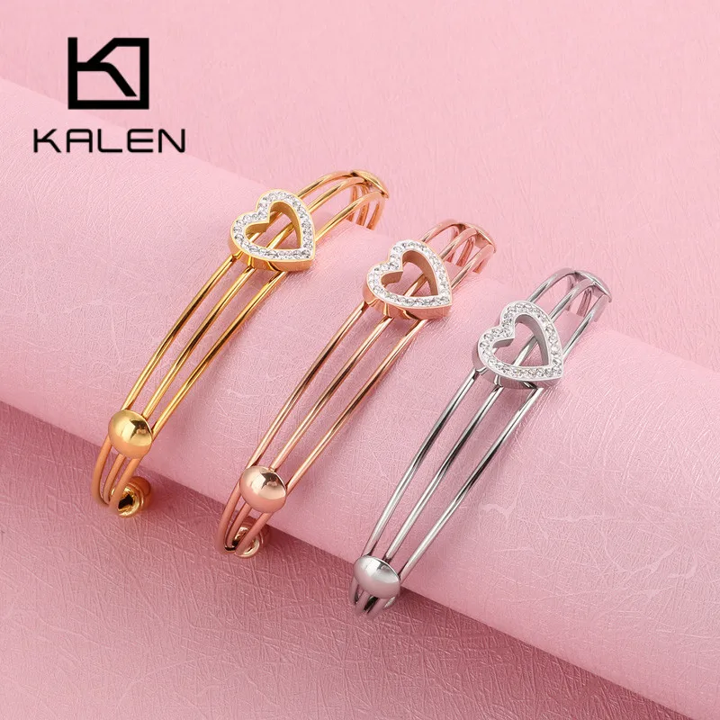 

KALEN Romantic Zircon Heart Cuff Tri-Color Stainless Steel Bracelets Bangles For Women 3 Layers Charm Mujer Brazalete Jewelry