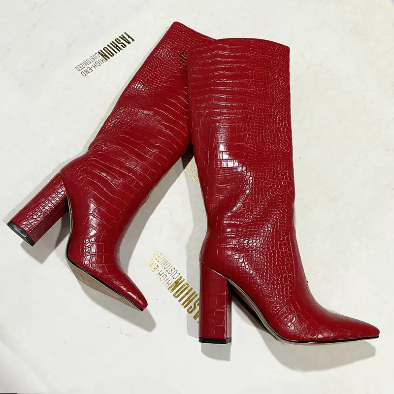 Vegan Crocodile Leather Knee High Boots 