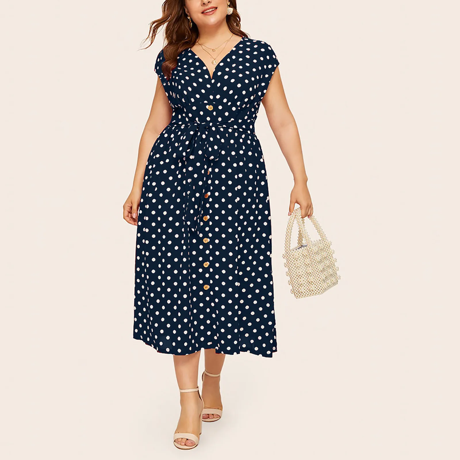 Summer dress Plus Size Ladies Polka Dot Print Dress Button Lace-up Waist V-neck Skirt plus size dresses Leisure Vestido Mujer 1