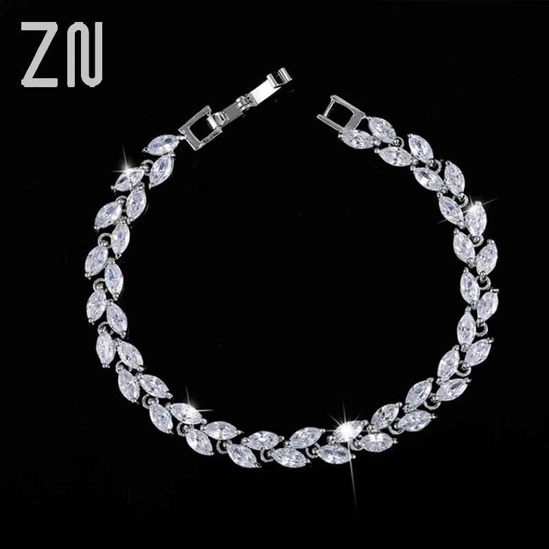 ZN модный AAA+ кубический цирконий ювелирные изделия серебристый лист Шарм CZ Кристалл женские браслеты для женщин