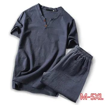 

Big Size M-5XL Summer linen Short Set Men Brand Tshirt Men Breathable Casual Beach Set 20120 T-shirt Suit Fashion Suit men