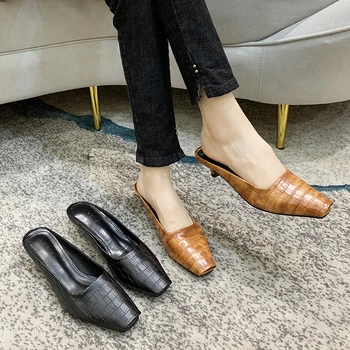 

Fashion Women Lazy Slippers Square Toe Fashion Crocodile Pattern Design Single Shoes Slip On Low Thin Heels Slippers Mules Shoes