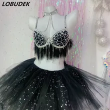 Черные стразы, жемчужный бюстгальтер, мини-юбка, наряд, сексуальный женский музыкальный фестиваль, дискотека, танцевальное бикини, юбка, 2 предмета, костюм для ночного клуба