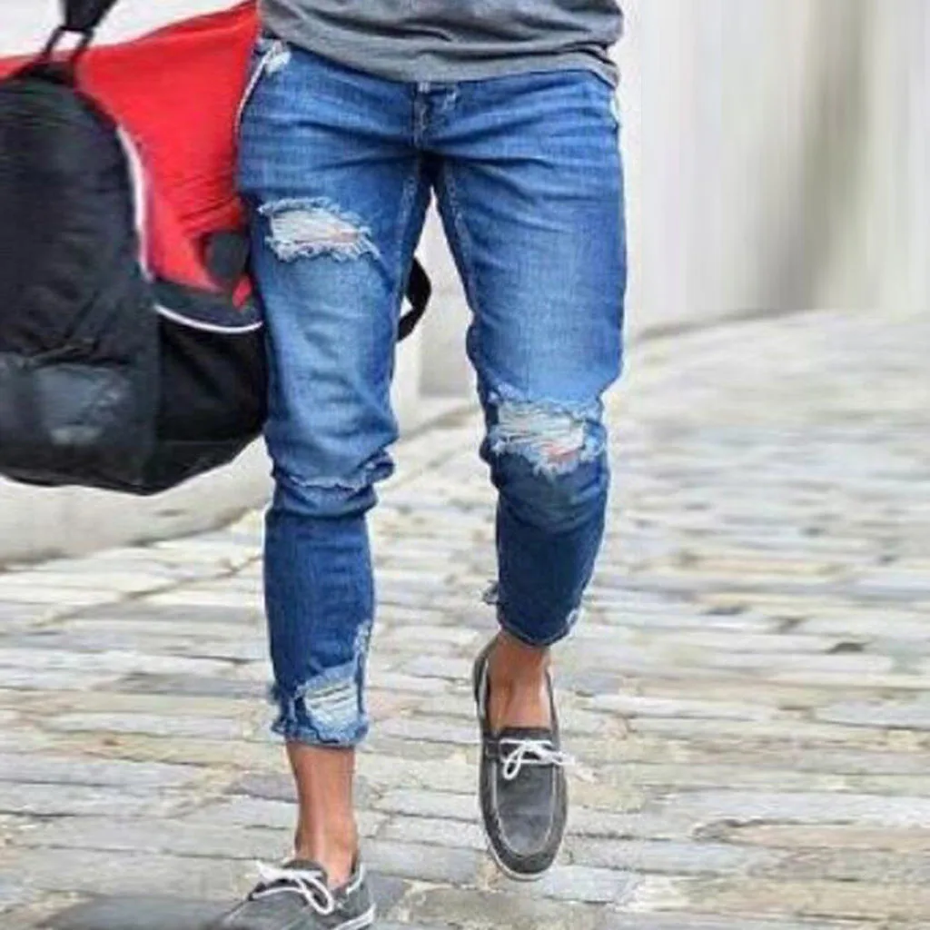 Мужские брюки модные джинсы Стрейчевые 2019 мужские новые летние узкие с дырками