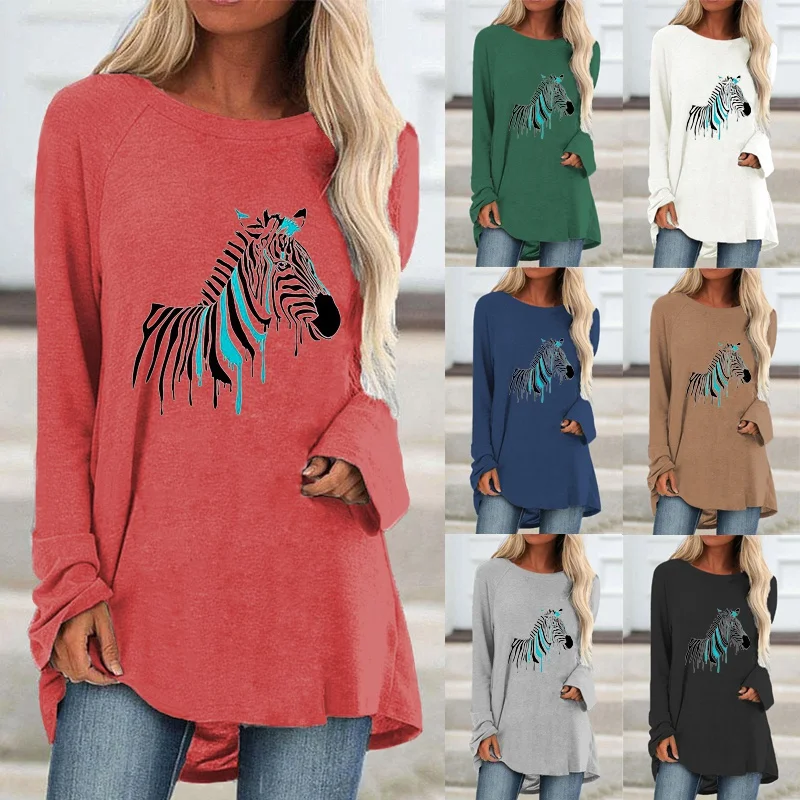 

The New Women Clothing Fashion Printing Graphic Tee Long Sleeve Round Neck Pullover Loose Shirt Autumn and Winter Tops
