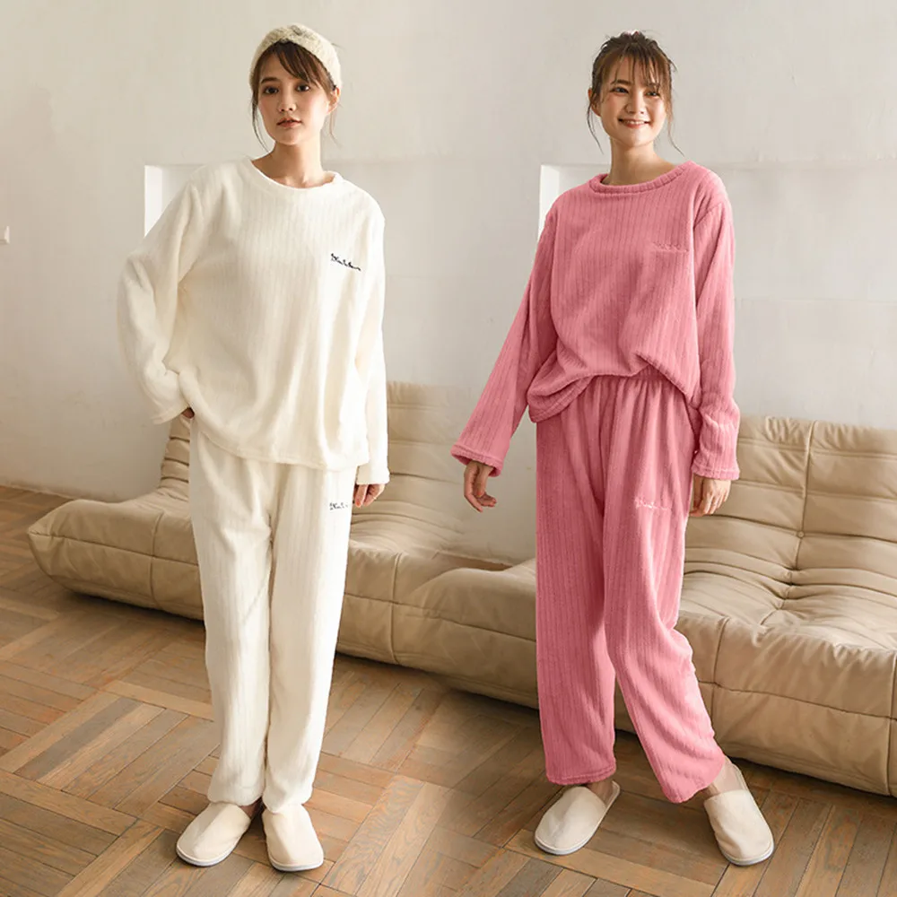 

Fdfklak New Female Home Suit Pajama Autumn Winter Warm Flannel Pyjamas Homewear Thick Female Long Sleeve Loose Sleepwear