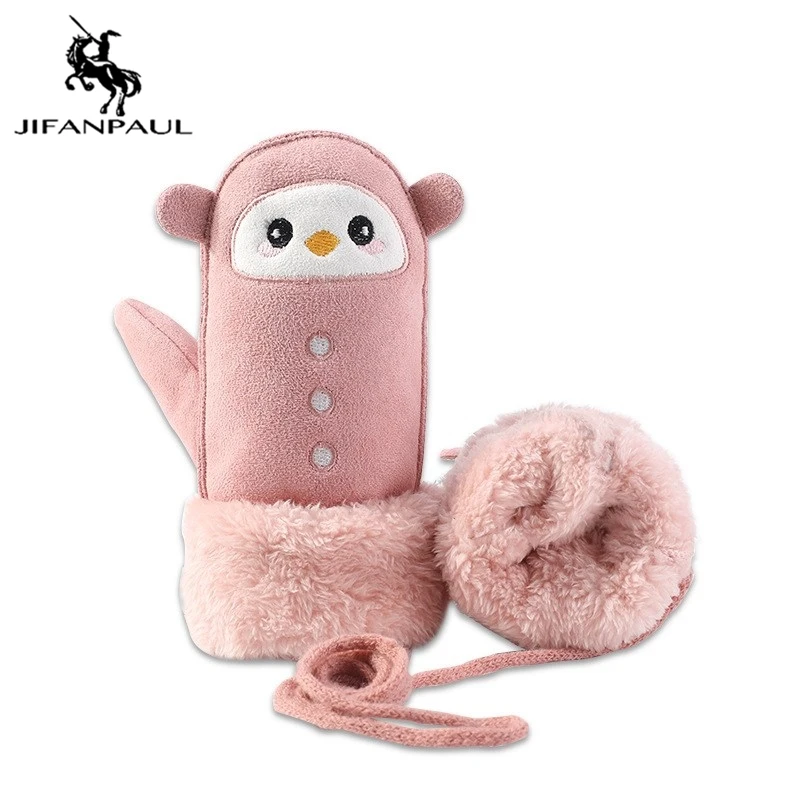 

JIFANPAUL new children's gloves warm winter outdoor mitten hanging neck gloves plus velvet thick suede cartoon cute warm gloves
