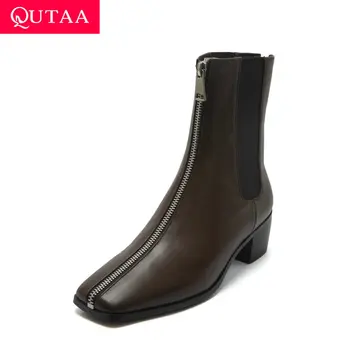 

QUTAA 2021 Autumn Winter Zipper Square Toe Ankle Boots Cow Leather Women Shoes Fashion Square Mid Heel Short Boots Size 34-40