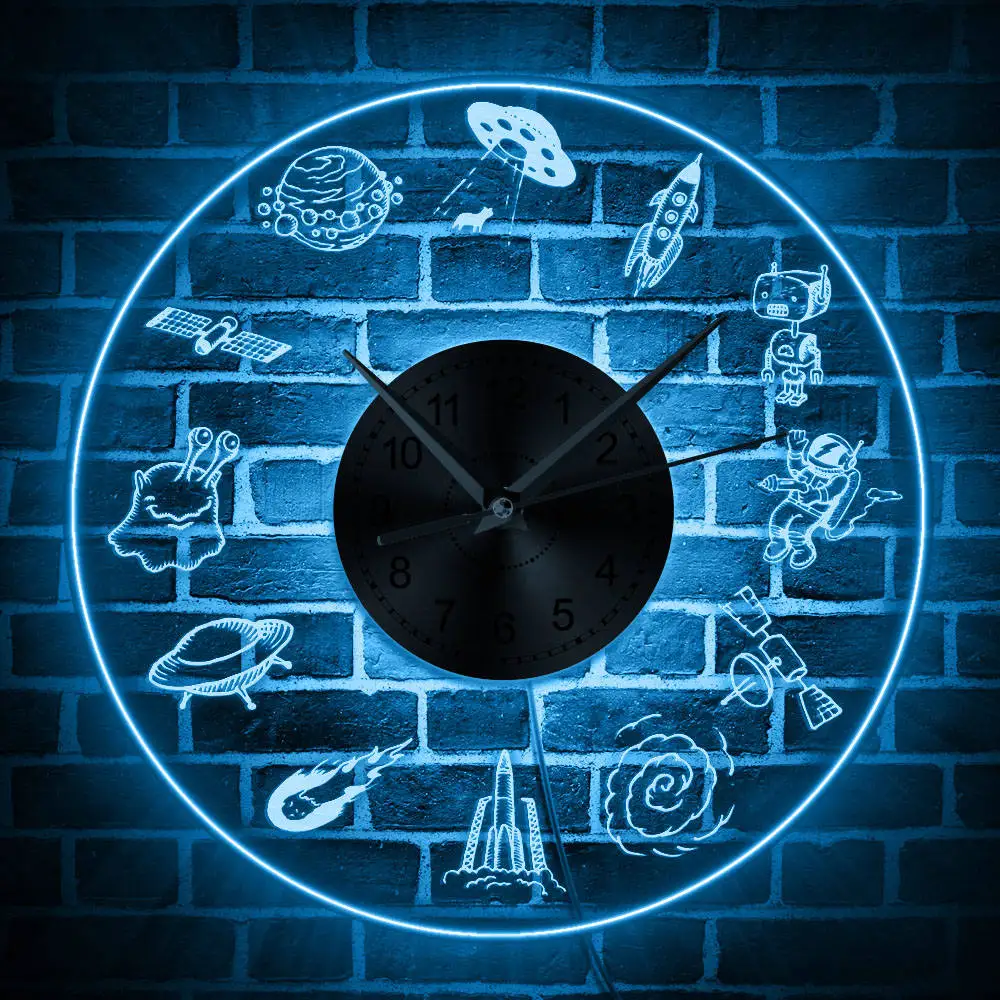 Universe Space Symbol Led Neon Sign Wall Clock Astronaut Alien Nursery