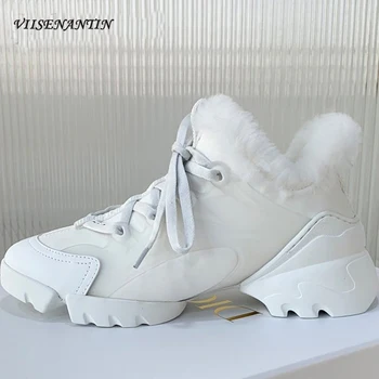 

Genuine Leather Lace-Up Solid Woman White Sneakers Warm Wool Lining Brand Luxury Designer Chunky Shoes Woman 2021 New Arrivial