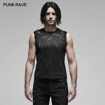 

PUNK RAVE Men's Punk Lightning Sleeveless Vest Twill Printed Knit Personality Slim Fit Men Tank Tops Tees