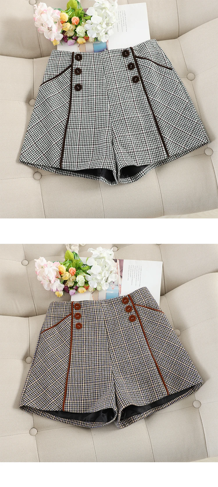Винтажные Клетчатые Шерстяные шорты для женщин, осень, высокая талия, широкие ноги, женские облегающие короткие штаны, зимние повседневные женские шорты трапециевидной формы