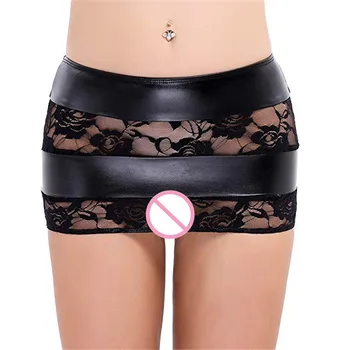 

Women Sexy Lace Floral Wrap Skirt Lady Slim Sheer PU Leather Short Mini Dress High Waist Patchwork Hollow Out Babydoll Skirt New
