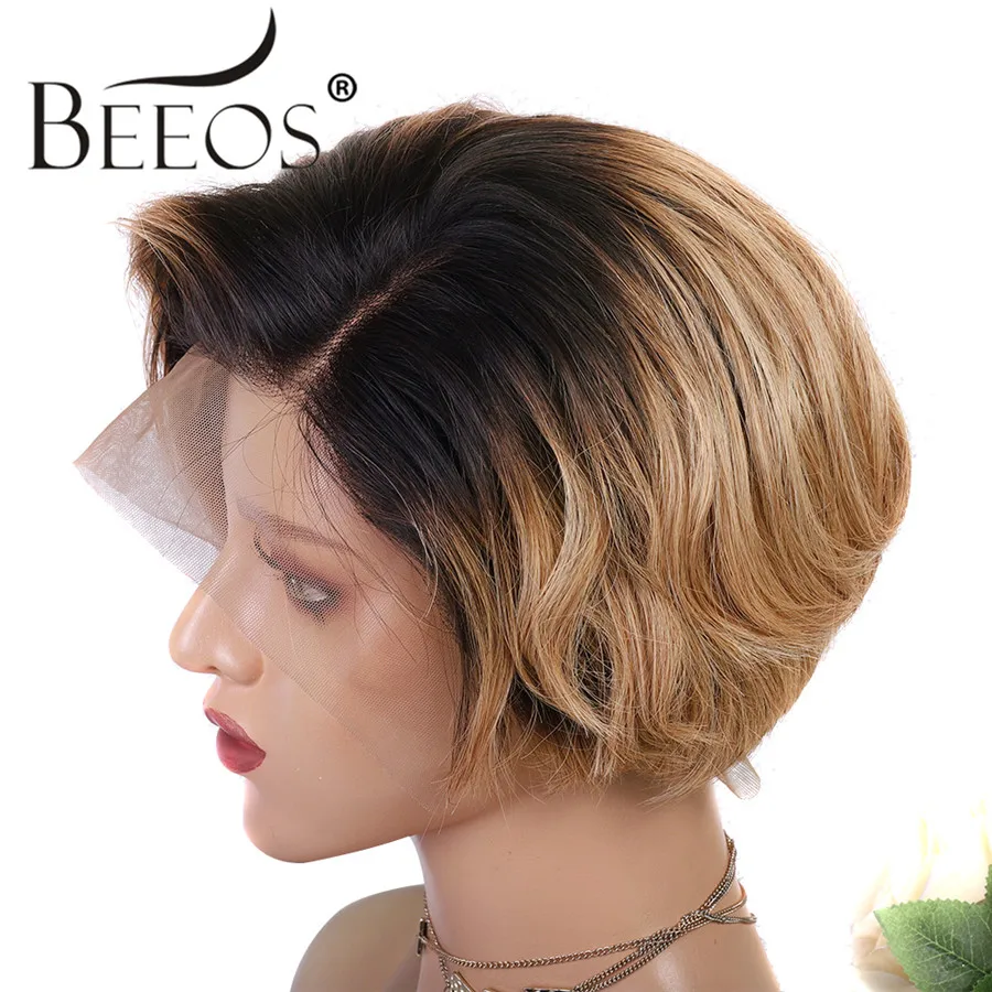 

Short Straight Pixie Cut 13*6 Deep Part Lace Front Human Hair Wig 1b/27 Honey Blonde Color Brazilian Remy Hair Bleach Knots