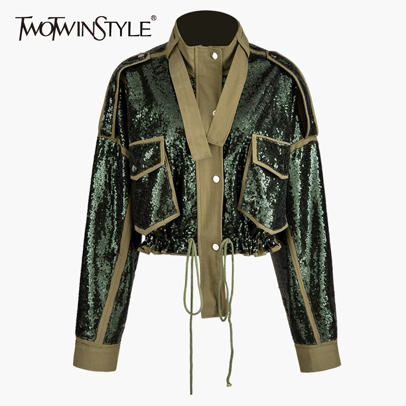 

TWOTWINSTYLE Patchwork Sequins Lace Up Women's Coats Turtleneck Long Sleeve Hit Color Jacket For Female Fashion Clothes 2019 New
