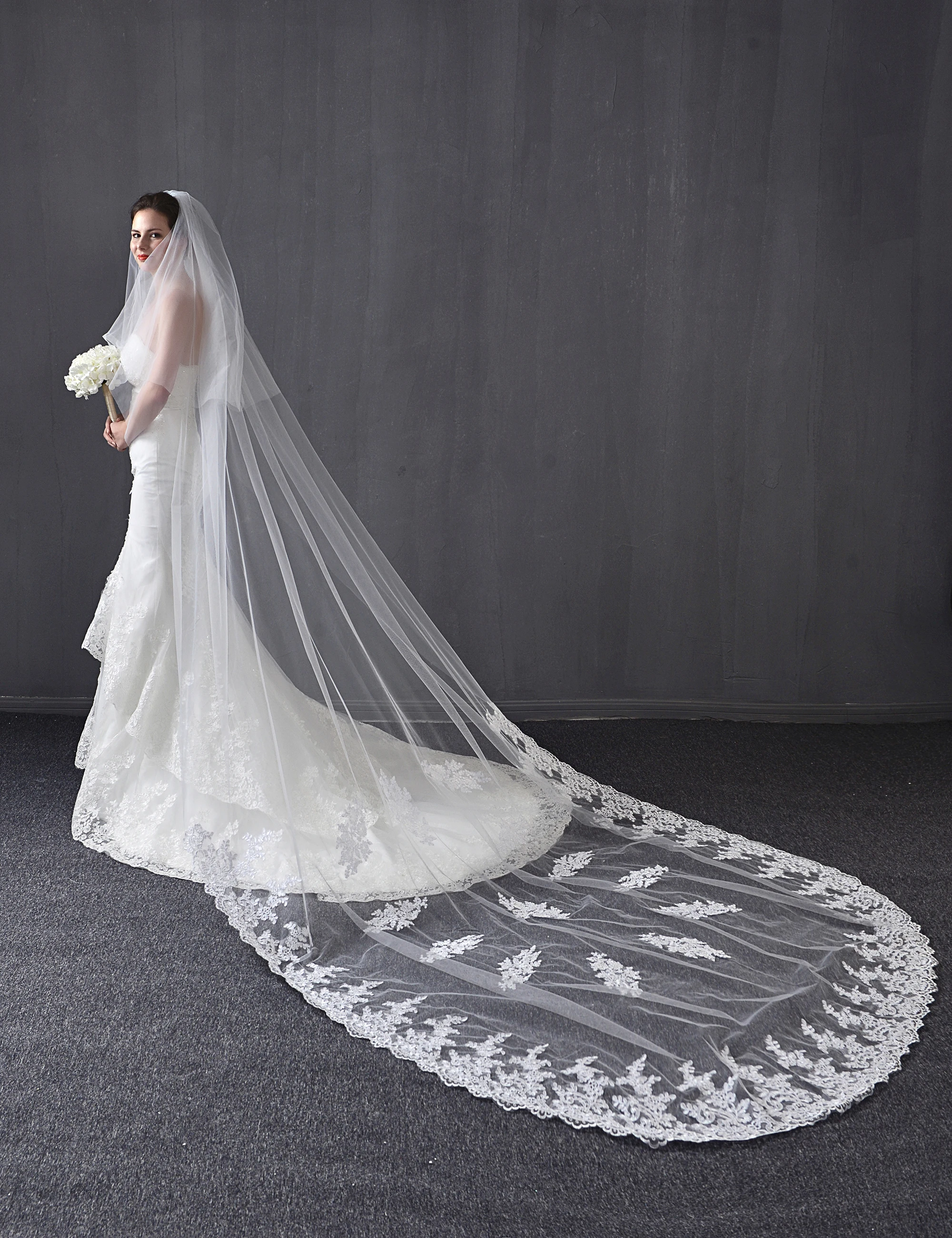 Bridal Luxury Crystal Wedding Veils Cathedral Lace Applique Comb 3M White Ivory