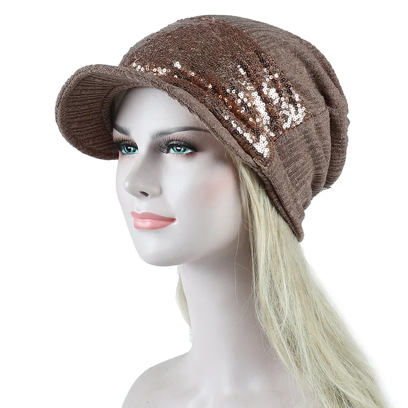 YSDNCHI женская шапочка с открытой спиной, шапка с блестками, осенняя уличная шапка, зимняя шапка Skullies, теплая, Gorros, мягкая хлопковая шапка, женские шапки