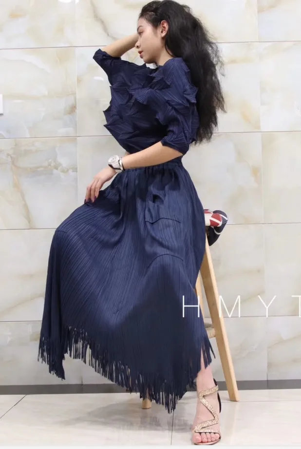 dark blue Горячая Miyake fold широкий бриммед саржа плиссированная кисточка Асимметричная плиссированная юбка Однотонная юбка - Цвет: dark blue