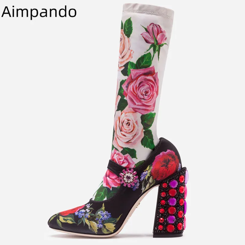 

Flowers Print Boots Woman Luxury Crystal Square High Heel Walking Shoes Female Round Toe Slim Mid-Calf Plus Size Boots Woman
