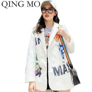 

QING MO Fashion Brand White Women Temperament Suit 2020 Women Cartoon Suit Female V Neck Full Sleeve Suit Coat ZQY3667