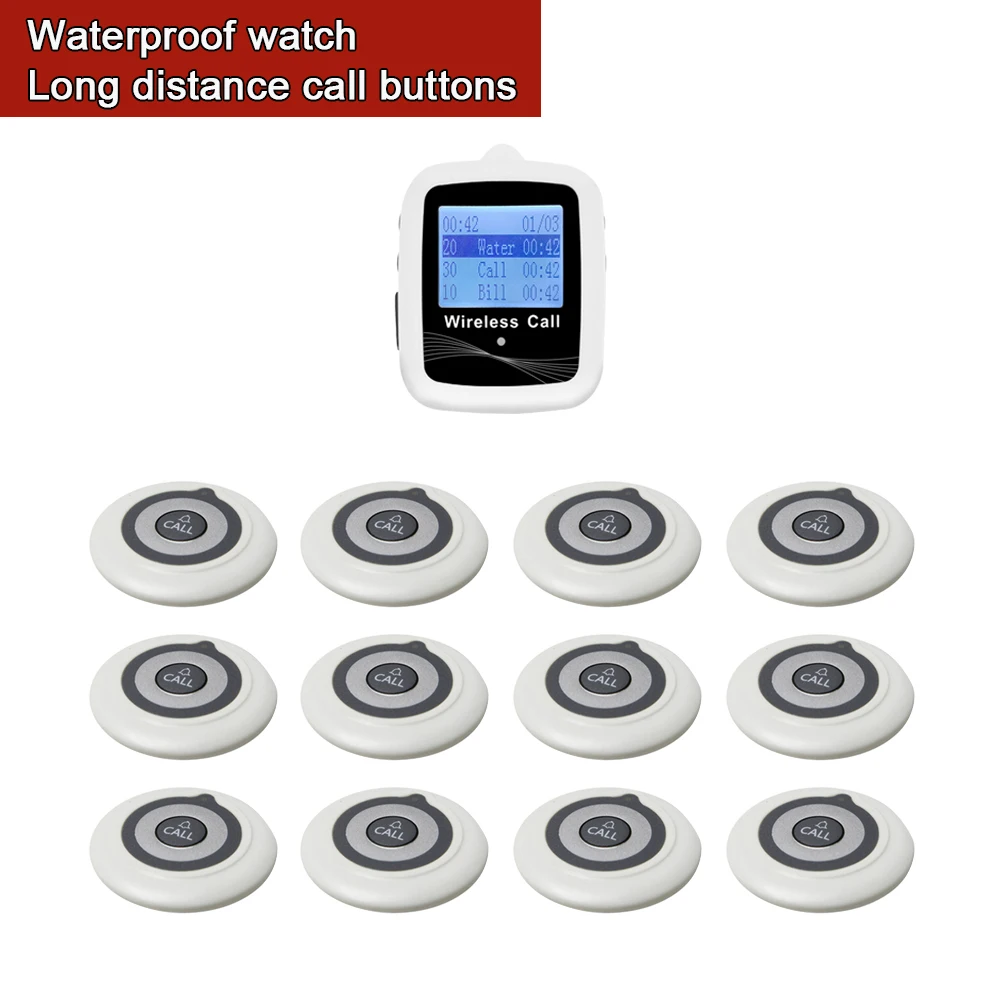 Restaurant Pager Wireless Waiter Calling System 1 Watch Receiver White +12 Single Key Long Distance Transmitter | Компьютеры и офис