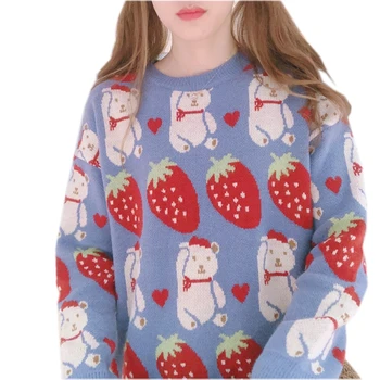 

Strawberry Bear Blue Round Neck Loose Knitted Sweater Tops Small Fresh Girl Kawaii Retro Autumn Winter Warm Pullover Knitwear