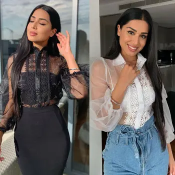

New Womens Lace Transparent Mesh Sheer Shirts Casual Loose Tops T-Shirt Blouses Female Puff Long Sleeve Tee Tops Party Clubwear